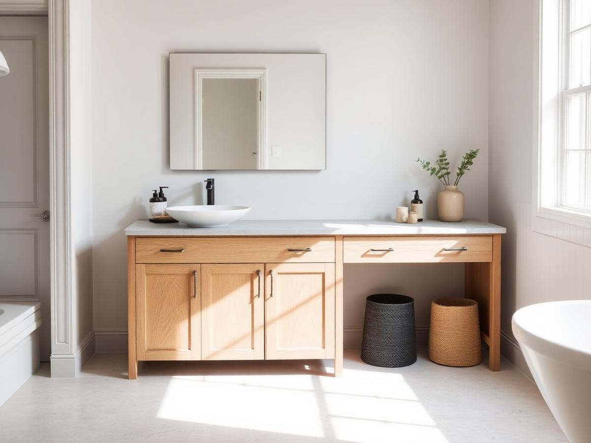 Custom white oak bathroom vanity with stone countertop