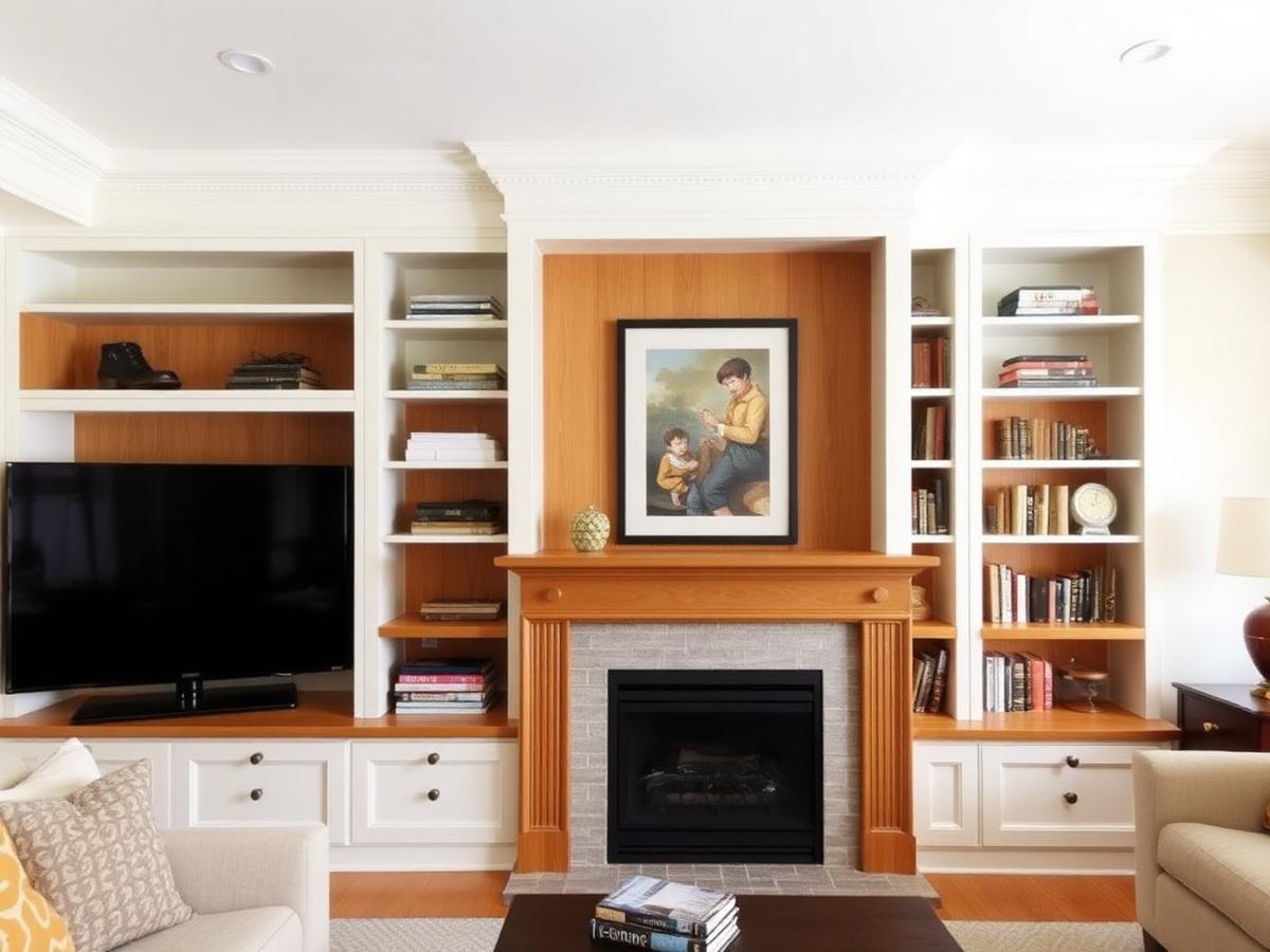 Built-in living room cabinetry and shelving surrounding a fireplace