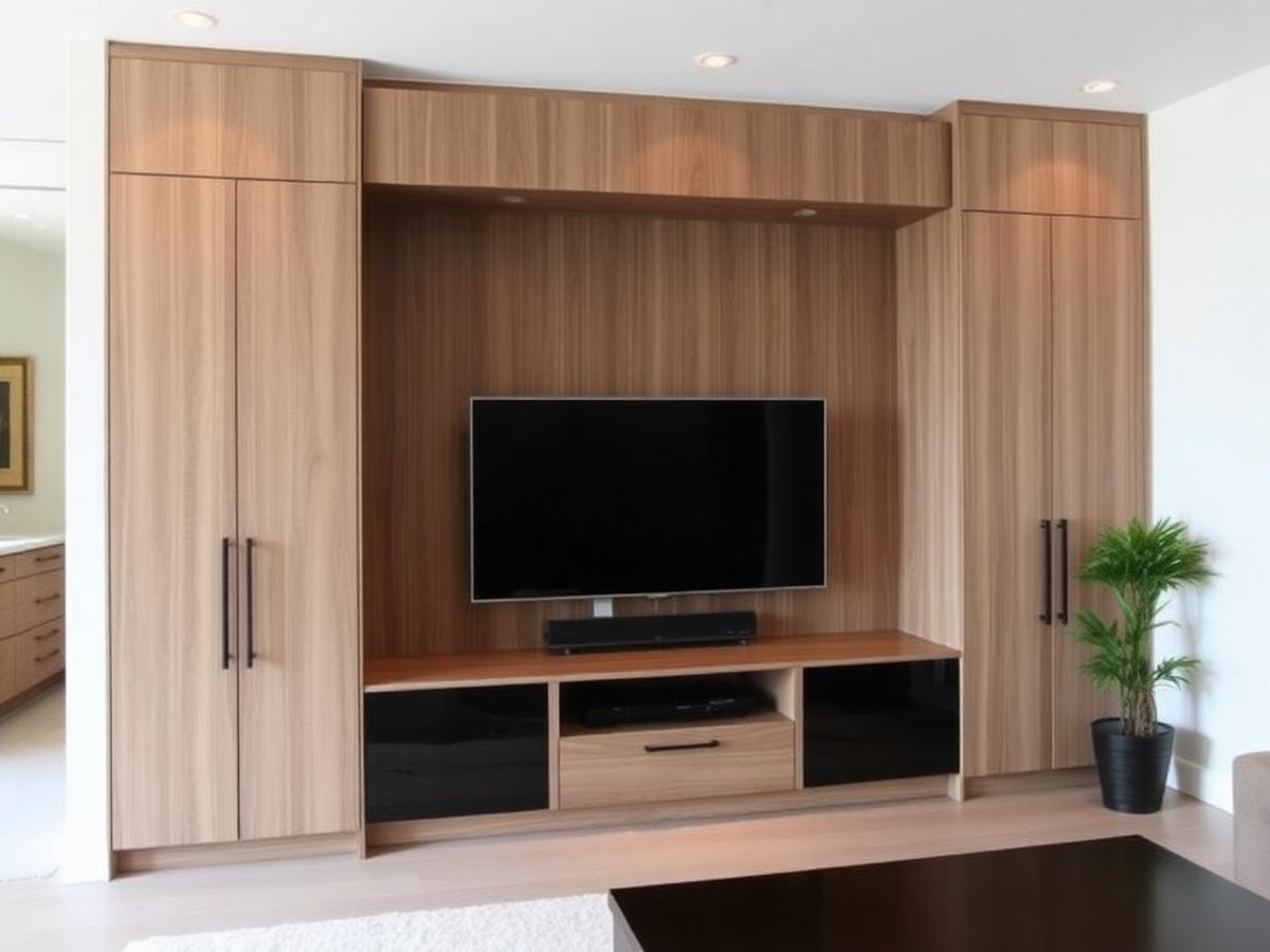 Placeholder image of a custom entertainment wall unit in wood veneer