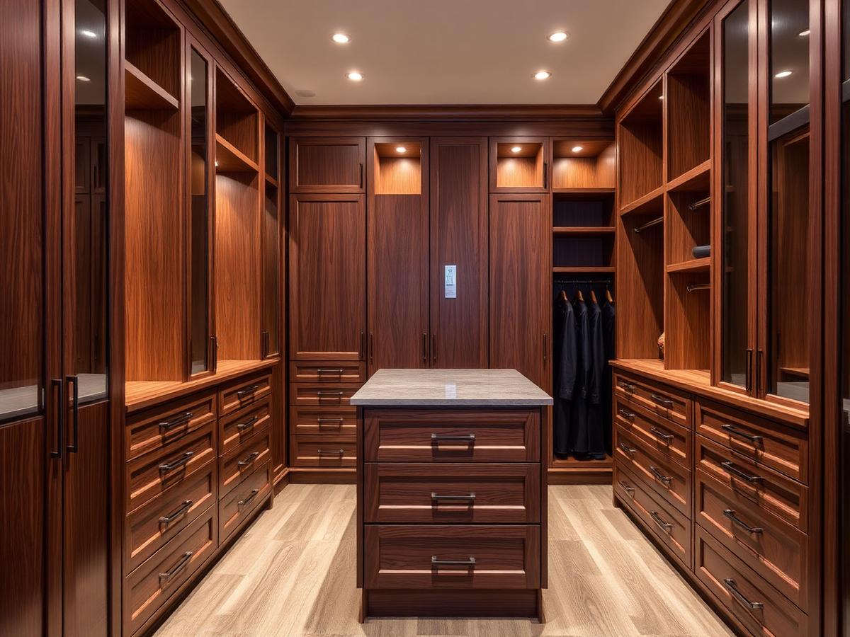 Walk-in closet with custom wood cabinetry, drawers and a center island