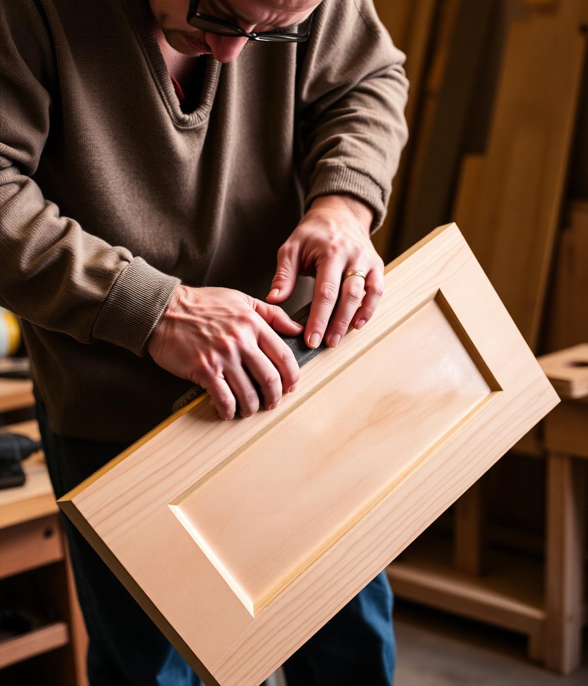 Cabinetmaker hand-sanding a custom cabinet door in a woodworking shop