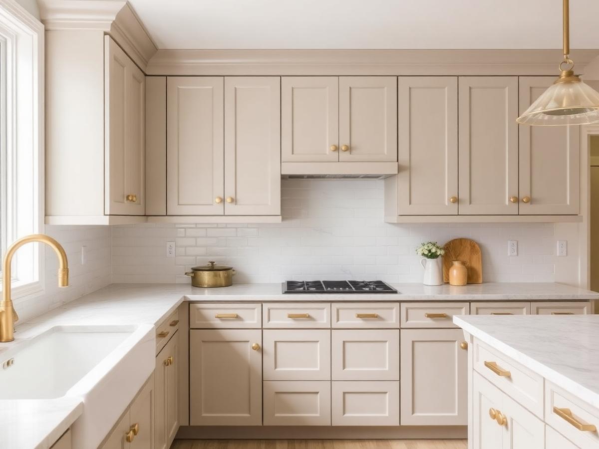 Custom shaker kitchen cabinetry with quartz countertop and brass hardware