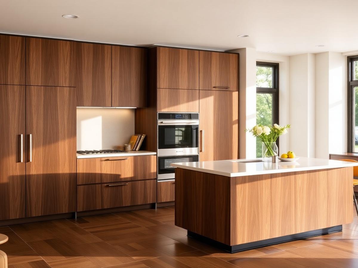 Placeholder image of walnut kitchen island and tall pantry cabinetry