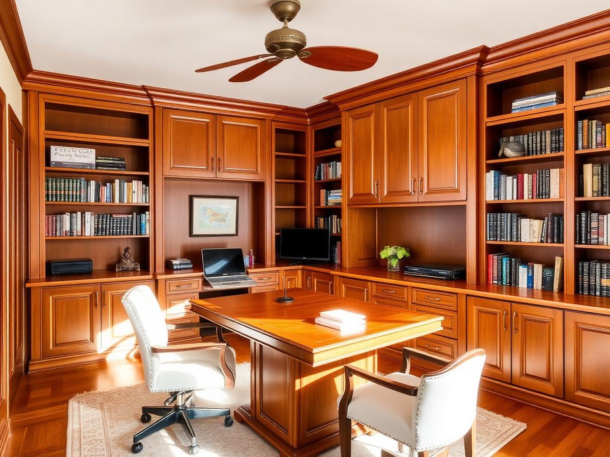 Home office with custom built-in desk, cabinetry and bookshelves