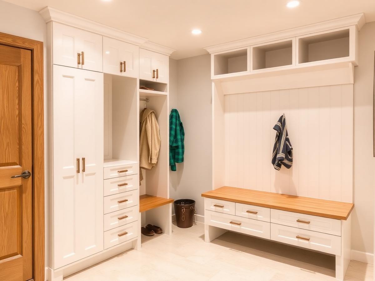 Custom mudroom storage cabinetry with lockers, drawers and a bench